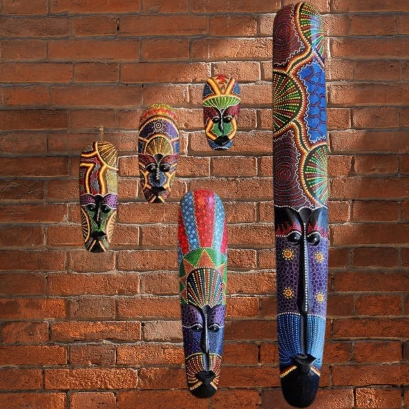 Ahşap Aborjin Mask 100 cm Renkli Duvar Dekoru Maske - Resim 4