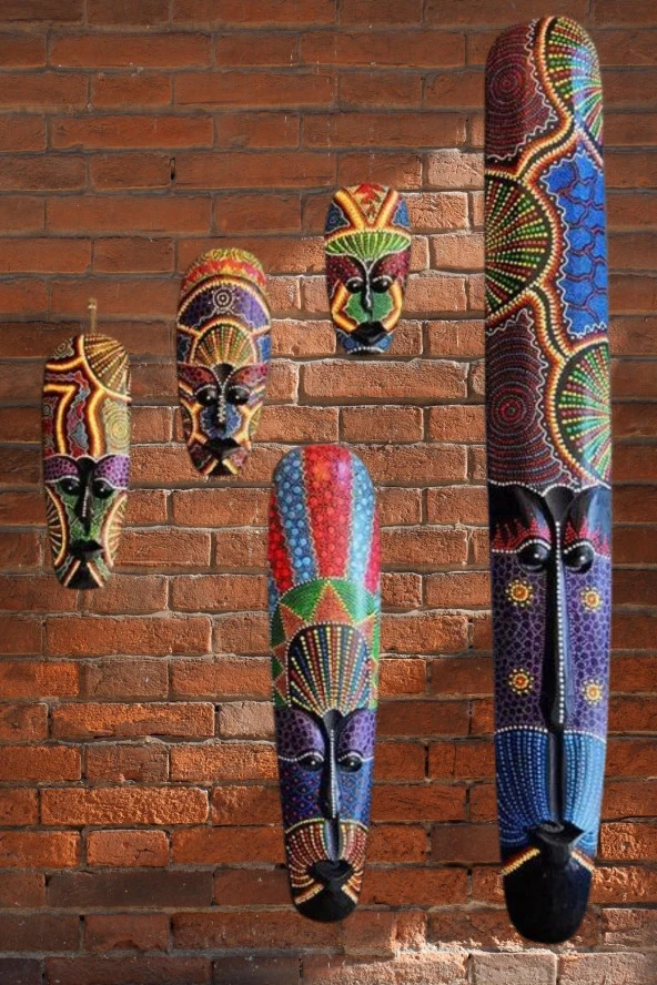 Ahşap Aborjin Mask 100 cm Renkli Duvar Dekoru Maske - Resim 8