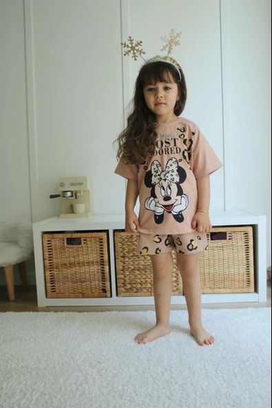 KIZ ÇOCUK MİCKEY LEOPAR MODELLİ PAMUK ŞORTLU TAKIM - 2