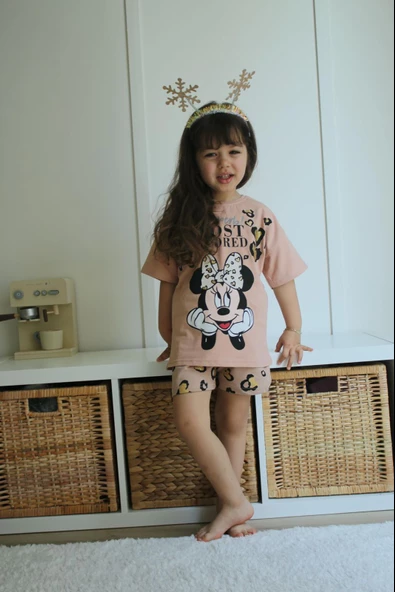 KIZ ÇOCUK MİCKEY LEOPAR MODELLİ PAMUK ŞORTLU TAKIM - 3