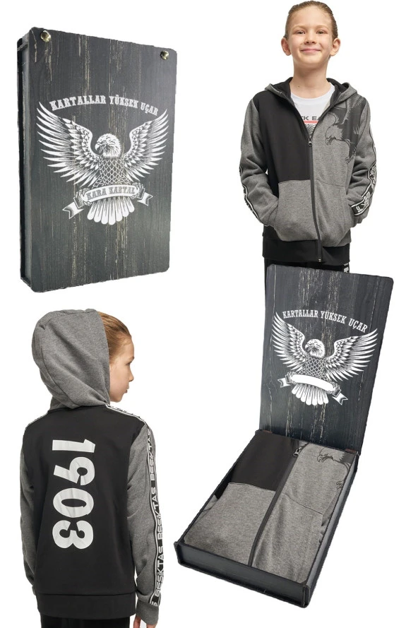 Beşiktaş Orijinal Lisanslı Kartal Baskılı Kapüşonlu Çocuk Sweat Hediyelik Ahşap Kutulu - 9