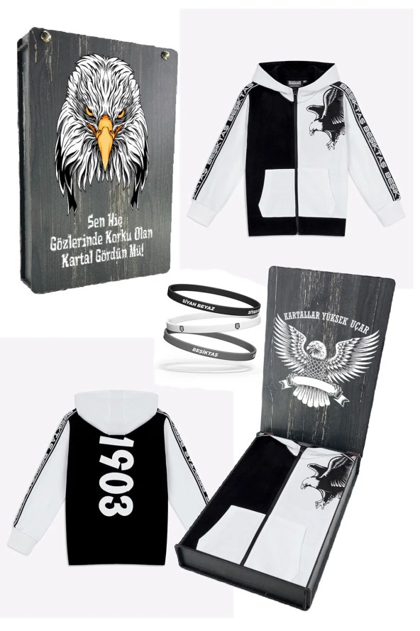 Beşiktaş Orijinal Lisanslı Kartal Baskı Kapüşonlu Çocuk Sweat + Bileklik Set Hediyelik Ahşap Kutulu - 4
