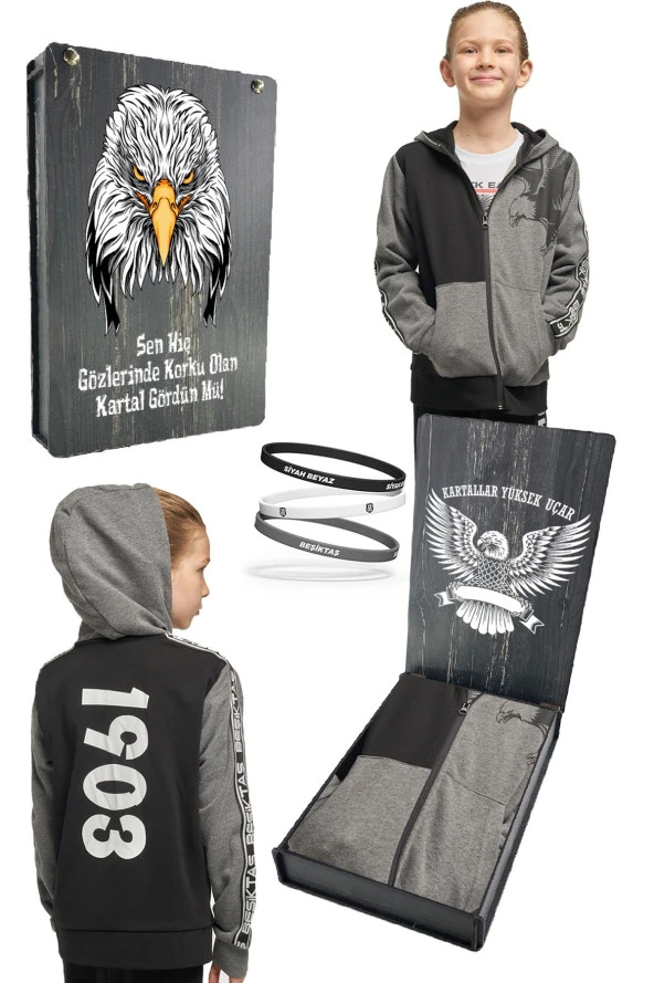 Beşiktaş Orijinal Lisanslı Kartal Baskı Kapüşonlu Çocuk Sweat + Bileklik Set Hediyelik Ahşap Kutulu - 12