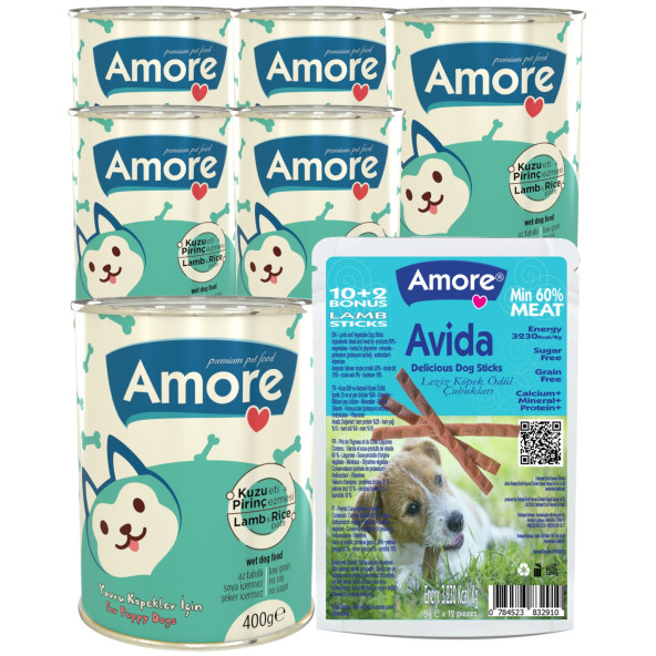 Amore Puppy 6lı Yavru Köpek Konservesi Kuzu Etli Pirinçli, 12li Avida Lamb Sticks