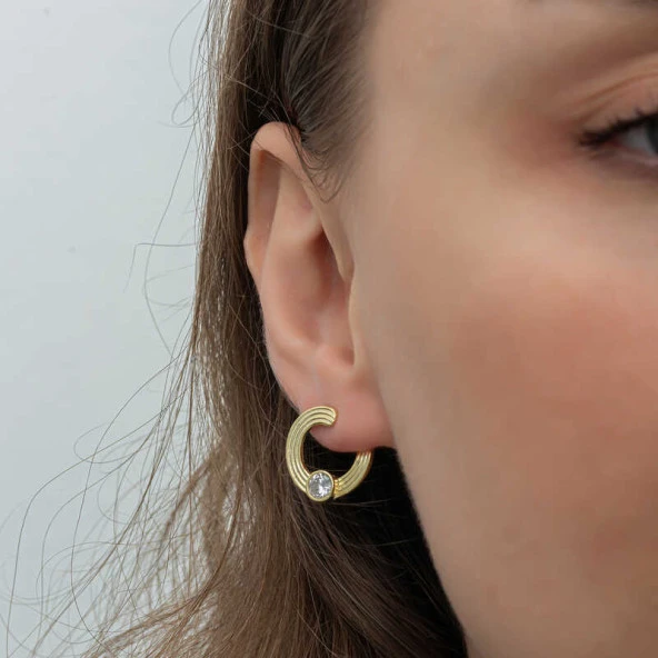 Gümüş Gold Tektaş Halka Kadın Çivili Küpe - Resim 5