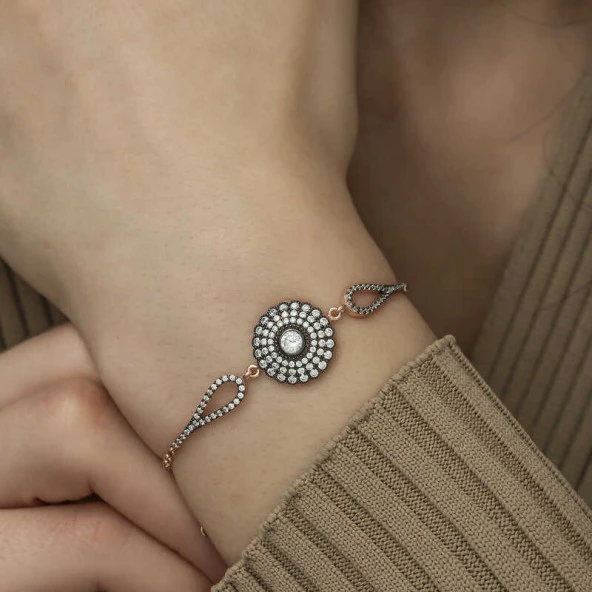 925 Ayar Gümüş Rose Elmas Montür Çiçek Bileklik - Resim 4