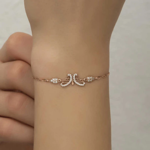 ​925 Ayar Gümüş Rose Kelebek Kadın Bileklik - 3