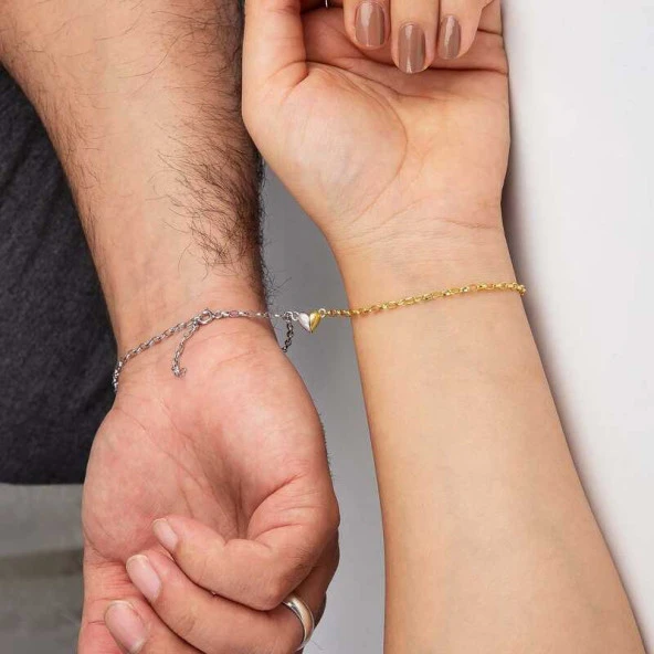 925 Ayar Gümüş Rodyum Gold Çift Kalpli Aşk Bileklik - 3