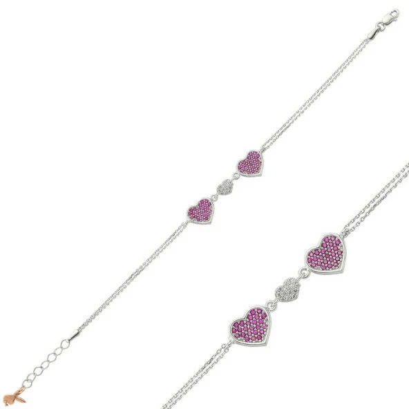 925 Ayar Gümüş Pembe Kalpli Bileklik ürün görseli 1