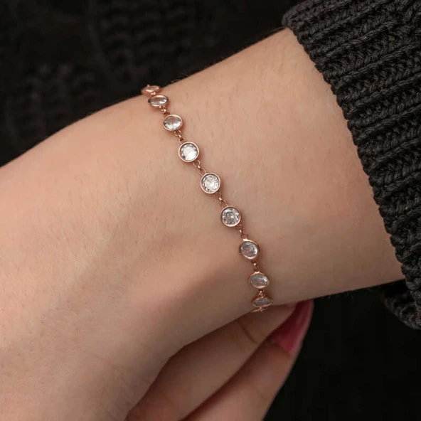 925 Ayar Gümüş Rose Beyaz Taşlı Kadın Bileklik - Resim 3