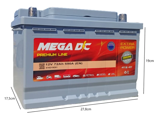 Mega DC Premium Line 12V 72 AH 590A (EN) Akü (2025 ÜRETİM) - 2