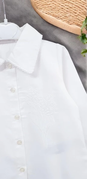 Nakışlı Kız Çocuk Poplin Uzun Kol Gömlek - 3