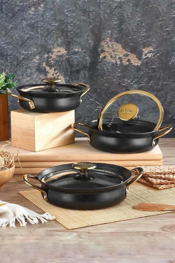 Oms Bakraç Model Granit Sahan Seti Siyah Renk 16-18-20 CM