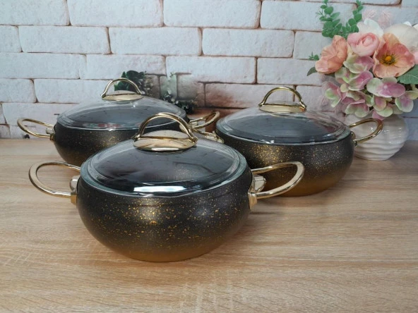 Oms Granit Güveç Set 3lü Granit Mini Tencere Takımı Cam Kapaklı Bakır Renk - 2