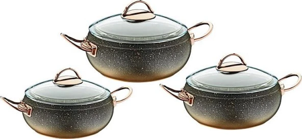 Oms Granit Güveç Set 3lü Granit Mini Tencere Takımı Cam Kapaklı Bakır Renk - 3