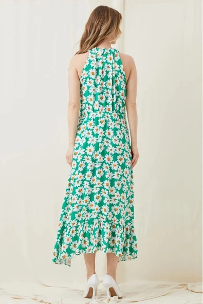 Yasmin Yeşil Beli Lastikli Desenli Elbise YASMIN-4240 - 6