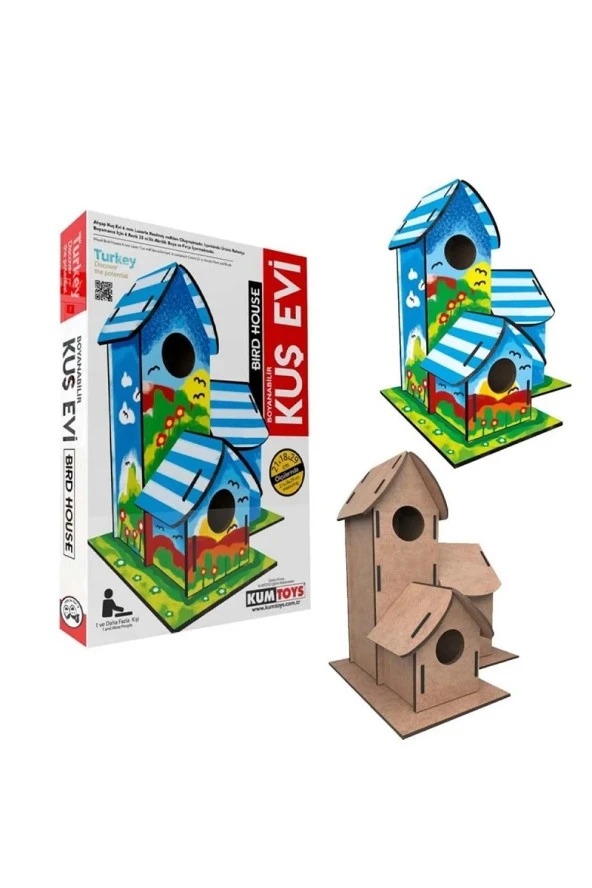 MAKET BOYANABİLİR KUŞ EVİ BOYAMA MAKETİ NATUREL AHŞAP BOYAMA BIRD HOUSE 6 RENK AKRİLİK BOYA FIRÇA ürün görseli