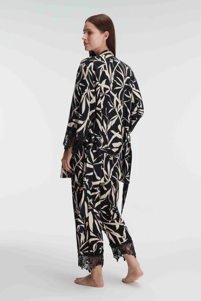 Anıl 5823 İp Askılı V Yaka Kadın Viskon Tropikal Yazlık Örme Dantel Detaylı Pijama Takımı Sabahlık - 4