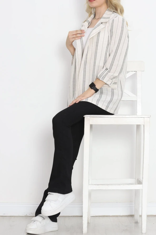 Keten Çizgili Ceket Ekruyeşil - 1024.1247. - 4