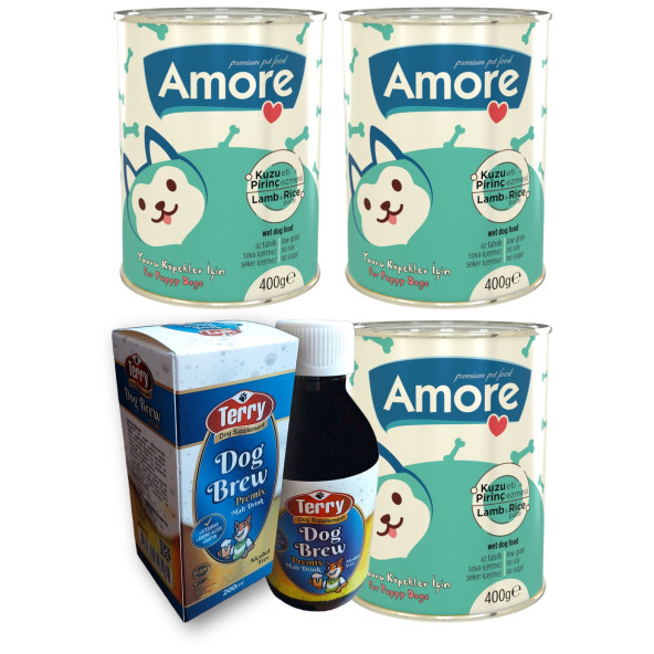 Amore Kuzu Etli Pate Yavru Köpek 3-Konservesi, Terry Dog Brew Premiks D-Biotin Taurin 200ml Malt İçeceği