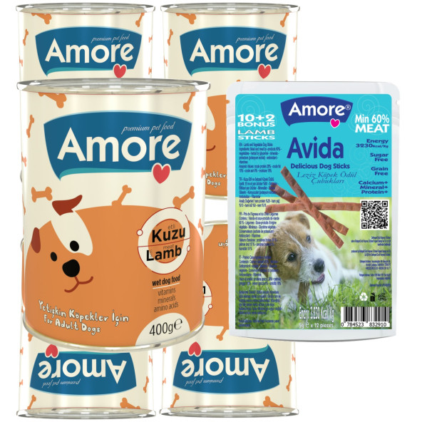 Amore Kuzu Parça Etli Köpek Konservesi 5li, Avida Lamb Sticks Ödül Çubukları 12li