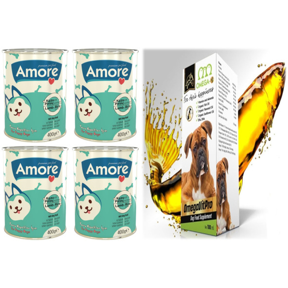 Omegavitpro Somon Balık Yağı 100ml + Amore Puppy Kuzu Etli Yavru Köpek Konservesi 4x400g