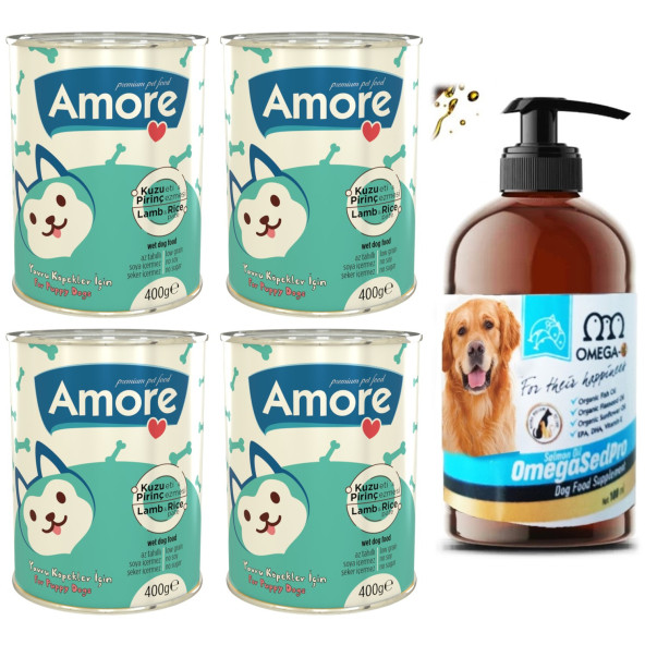 Omega Sed Pro Somon Balık Yağı 100ml + Amore Puppy Kuzu Etli Yavru Köpek Konservesi 4x400g