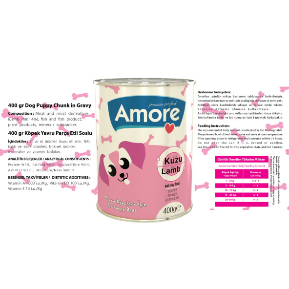 Amore Tahılsız Puppy Kuzu Parça Etli Yavru Köpek Konservesi 400gr - 2