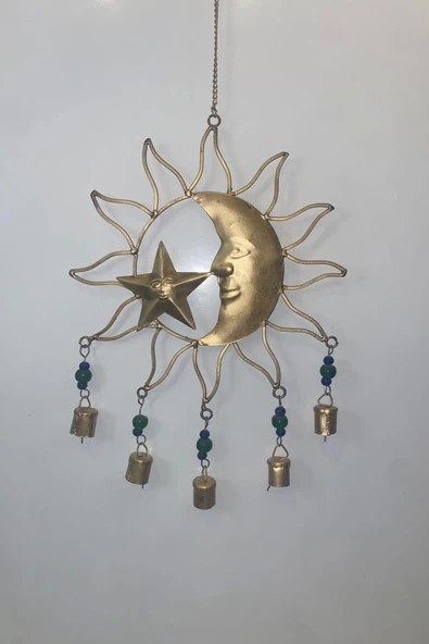 Deprem Zili Çanı Rüzgar Çanı Zili Feng Shui HaYat Ağacı Ay Yıldız Sembolü Komple 5 Metal Çanlı Bakır Büyük Boy Gold - Resim 5