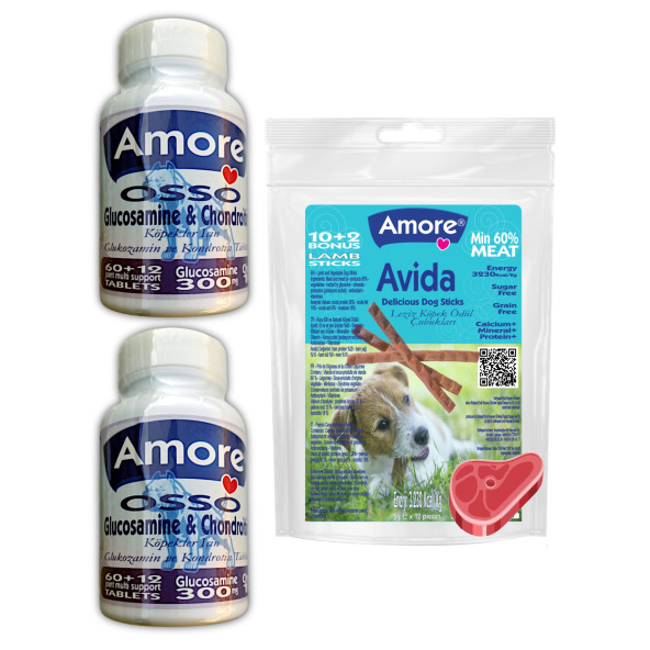 Amore Osso Glukozamin 2x72li Köpek Eklem Desteği Tableti, 12li Avida Lamb Sticks Ödül Çubukları ürün görseli 1