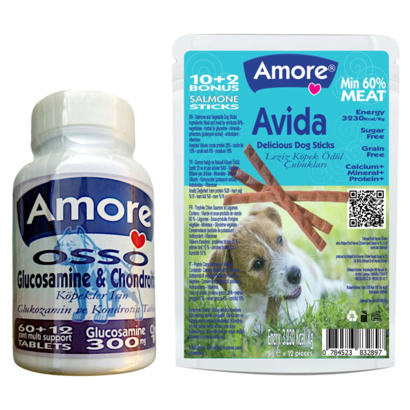 Amore Osso 72li Köpek Glukozamin Tablet, 12li Avida Dog Sticks Salmon Ödül Çubuğu