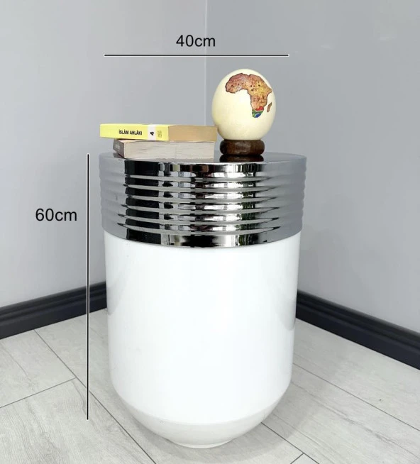 ELEGANT Dekoratif Krom Darbuka Parlak Beyaz Sehpa 60cm - Resim 3