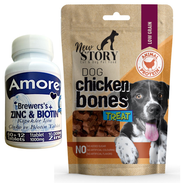 Amore Köpek Çinko Biyotin Tableti 72li Tüy Dökümü, New Story Chicken Bones 80gr Ödül Maması