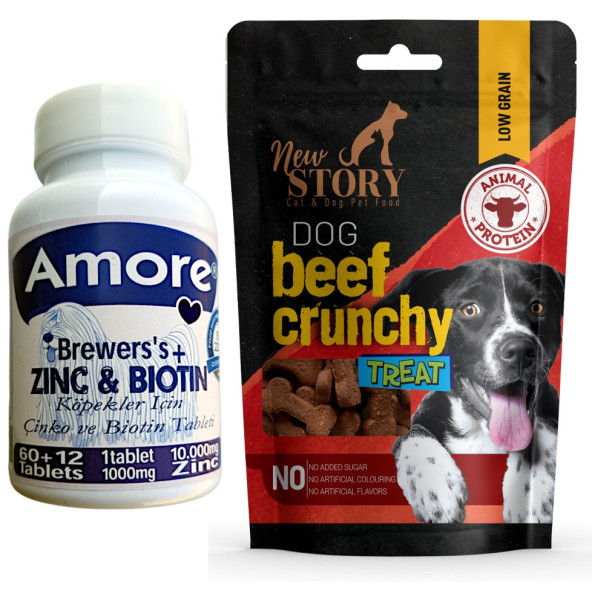 Amore Köpek Çinko Biyotin Tableti 72li Tüy Dökümü, New Story Beef Crunchy 80gr Ödül Çubuğu