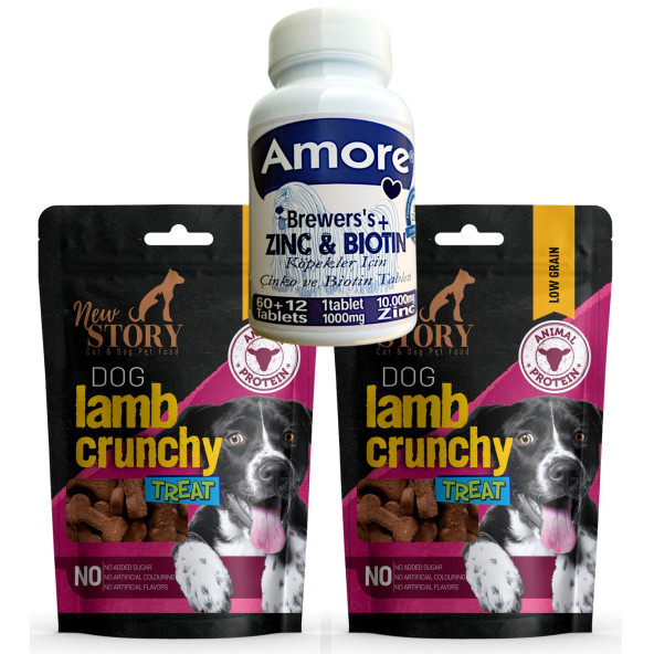 Amore Köpek Çinko Biyotin Tableti 72li Tüy Dökümü, New Story Lamb Crunchy 2x80gr Ödül Maması