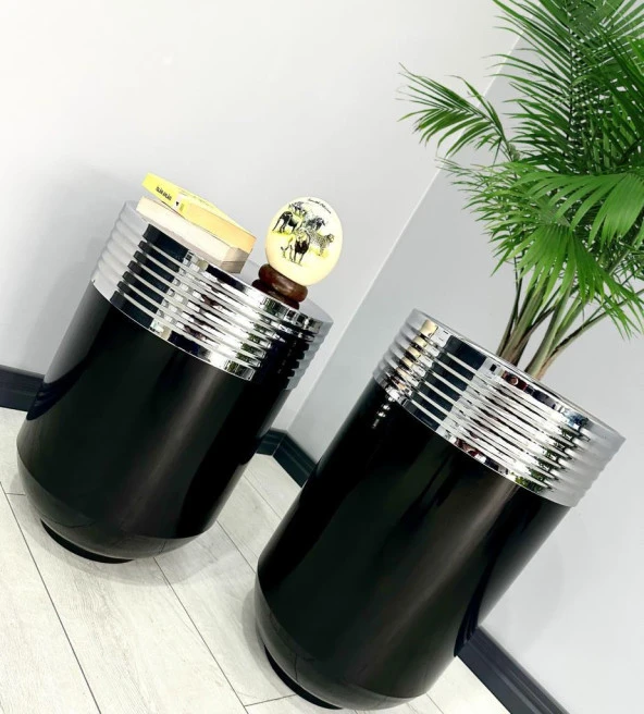ELEGANT Dekoratif Krom Darbuka Parlak Siyah Saksı 70cm + Sehpa 60cm İkili Set - Resim 2