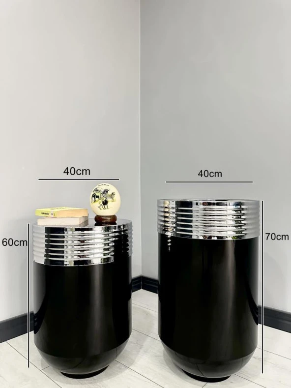 ELEGANT Dekoratif Krom Darbuka Parlak Siyah Saksı 70cm + Sehpa 60cm İkili Set - Resim 3