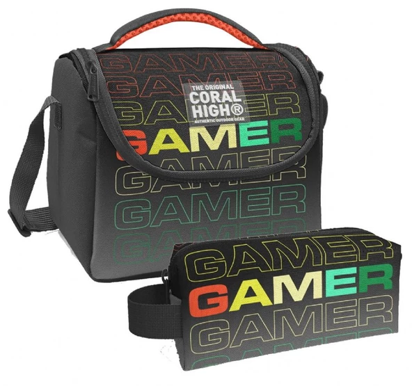 Coral High Siyah Gri Gamer Desenli Erkek Çocuk Isı Yalıtımlı Beslenme Çantası ve Kalemlik Seti ürün görseli