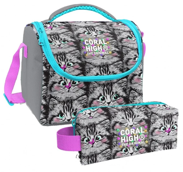 Coral High Gri Kedi Desenli Kız Çocuk Isı Yalıtımlı Beslenme Çantası ve Kalemlik Seti ürün görseli