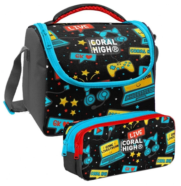 Coral High Siyah Mavi Gamer Desenli Erkek Çocuk Isı Yalıtımlı Beslenme Çantası ve Kalemlik Seti ürün görseli