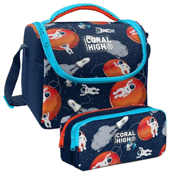 Coral High Lacivert Mavi Astronot Desenli Erkek Çocuk Isı Yalıtımlı Beslenme Çantası ve Kalemlik Seti ürün görseli