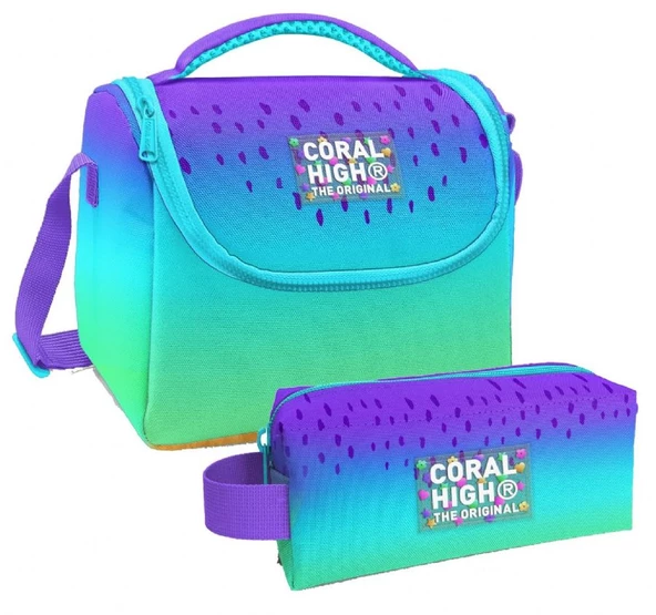Coral High Mor Lila Renk Geçişli Desenli Kız Çocuk Isı Yalıtımlı Beslenme Çantası ve Kalemlik Seti ürün görseli