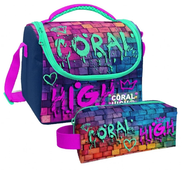 Coral High Pembe Lacivert Grafiti Desenli Erkek Çocuk Isı Yalıtımlı Beslenme Çantası ve Kalemlik Seti