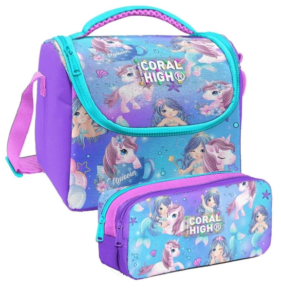 Coral High Mor Pembe Unicorn Desenli Kız Çocuk Isı Yalıtımlı Beslenme Çantası ve Kalemlik Seti