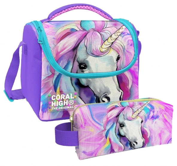 Coral High Unicorn Desenli Kız Çocuk Isı Yalıtımlı Beslenme Çantası ve Kalemlik Seti