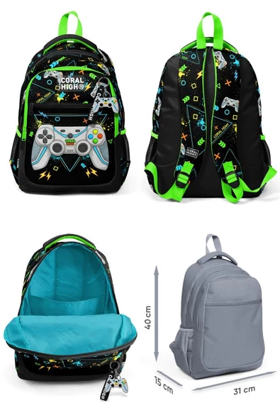 Coral High İlkokul Sırt Çantası ve Kalemlik Seti - Erkek Çocuk - Siyah Fosforlu Yeşil Gamer - Resim 2
