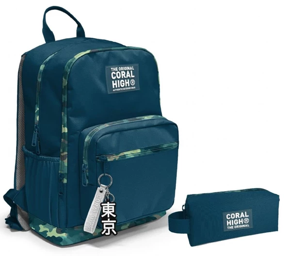 Coral High Dört Bölmeli Ortaokul Sırt Çantası ve Kalemlik Seti - Nefti Kamuflaj - Erkek Çocuk