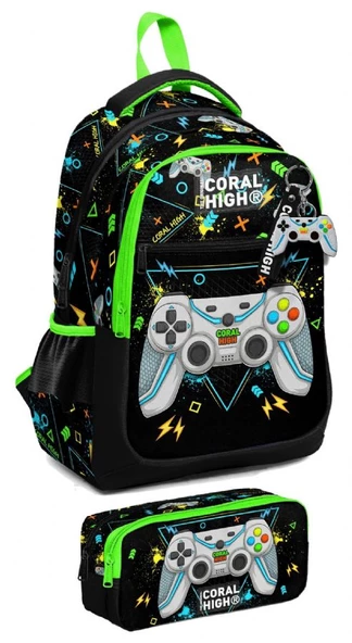 Coral High İlkokul Sırt Çantası ve Kalemlik Seti - Erkek Çocuk - Siyah Fosforlu Yeşil Gamer ürün görseli