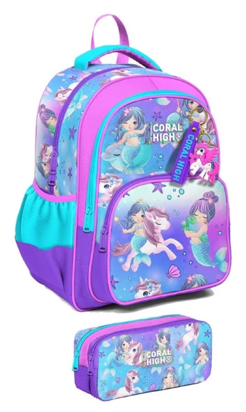 Coral High İlkokul Sırt Çantası ve Kalemlik Seti - Kız Çocuk - Mor Pembe Unicorn ürün görseli