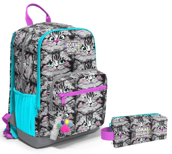 Coral High Dört Bölmeli Ortaokul Sırt Çantası ve Kalemlik Seti - Gri Kedi - Kız Çocuk ürün görseli